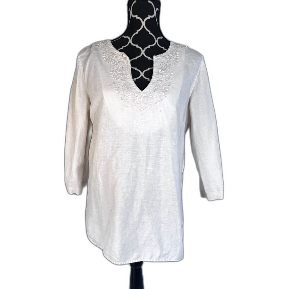 Old Navy White Vneck Beaded Bodice Easy Fit Linen Blend 3/4 Sleeve‎ Top Sz Large